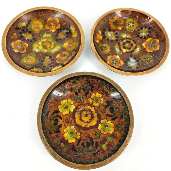 Enamel Cloisonne Dish Plate Trinket 4" Circle China Brown Floral Handpaint Lot 4 - Picture 1 of 7
